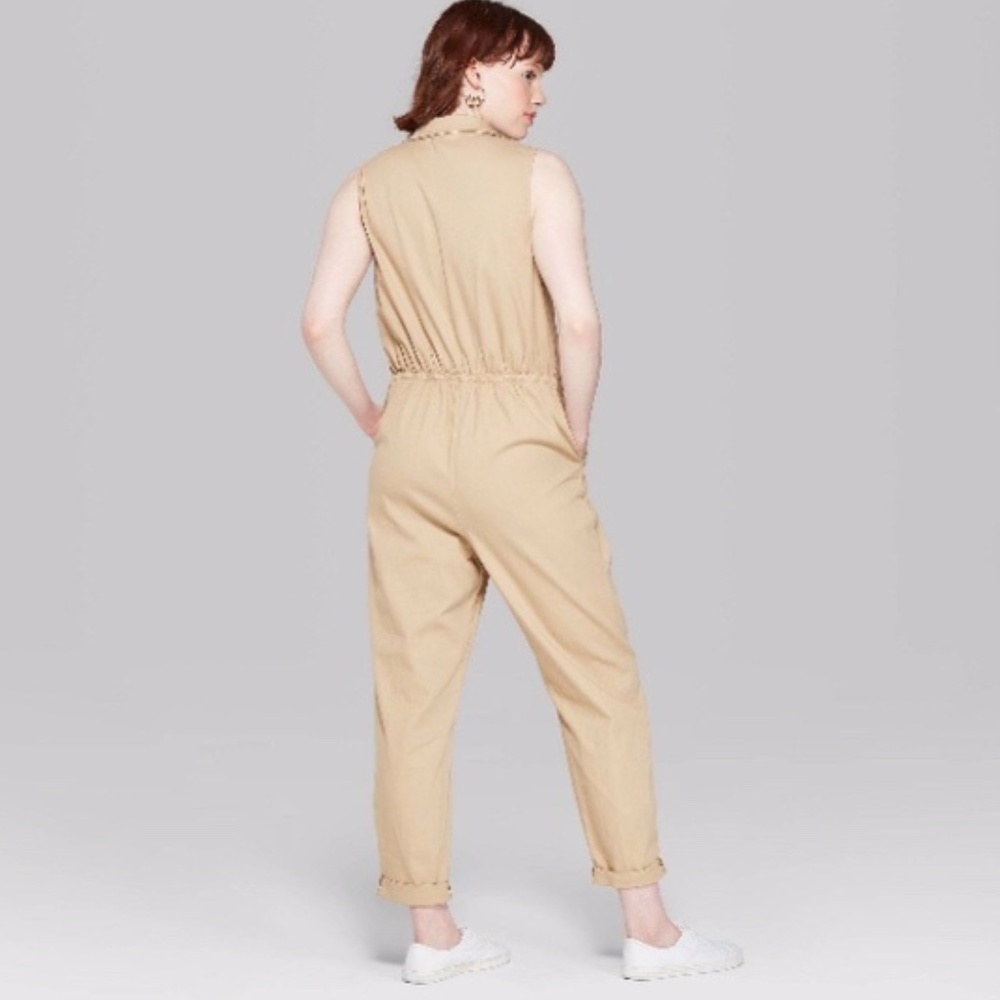 New Utility Khaki Canvas Sleeveless Tan Jumpsuit